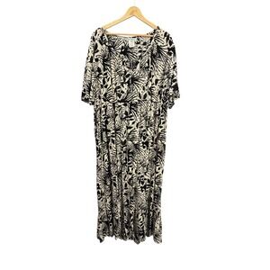 Ulla Popken Dress 16/18 Black Cream A-Line Rayon Short Sleeve Maxi Ruffle Hem